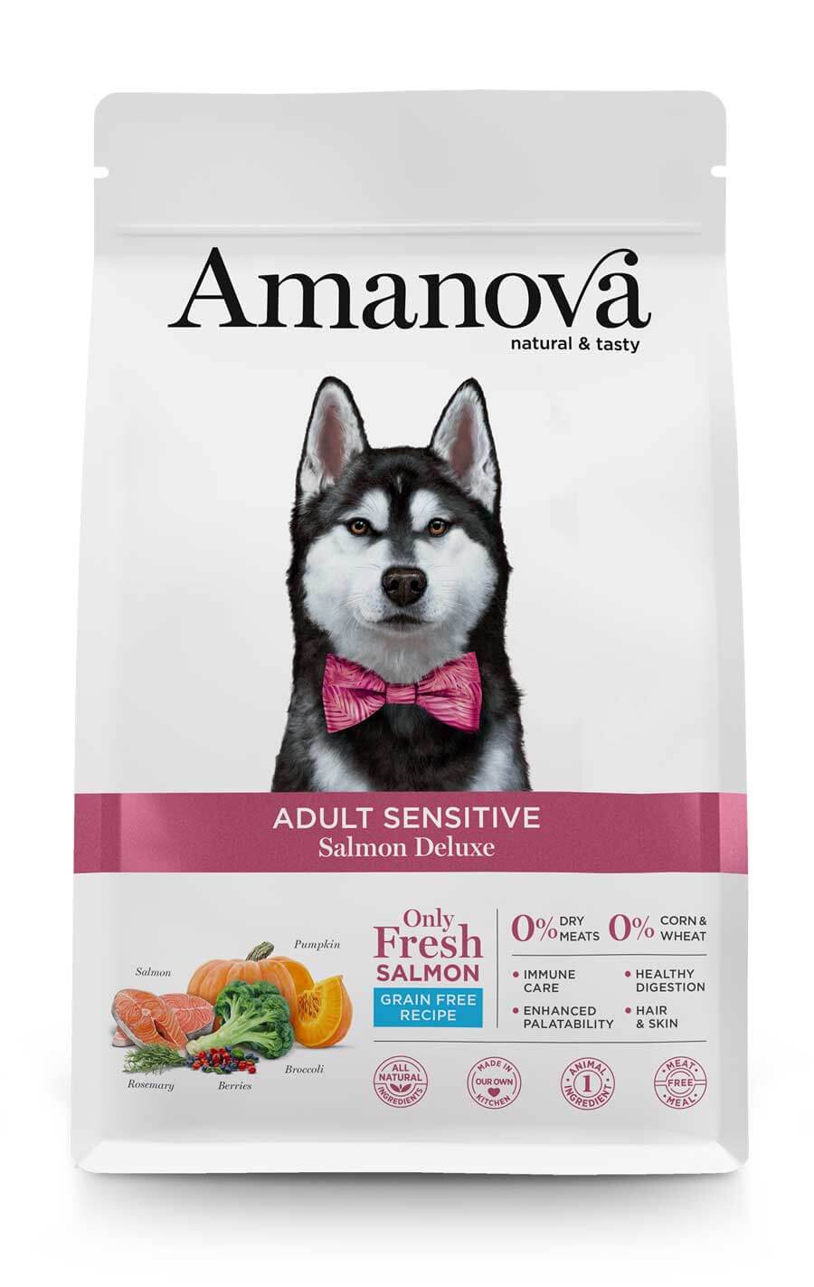 Pienso Amanova Adult Sensitive de salmón fresco para perros adultos, receta hipoalergénica sin cereales ideal para piel y estómago sensibles.