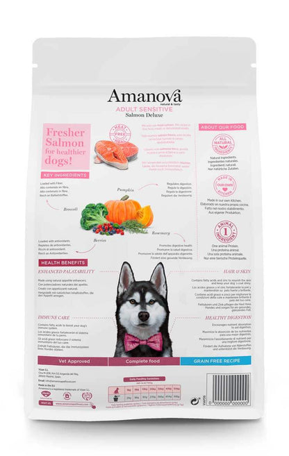Pienso Amanova Adult Sensitive de salmón fresco para perros adultos, receta hipoalergénica sin cereales ideal para piel y estómago sensibles.