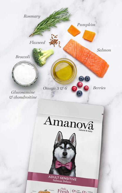 Pienso Amanova Adult Sensitive de salmón fresco para perros adultos, receta hipoalergénica sin cereales ideal para piel y estómago sensibles.