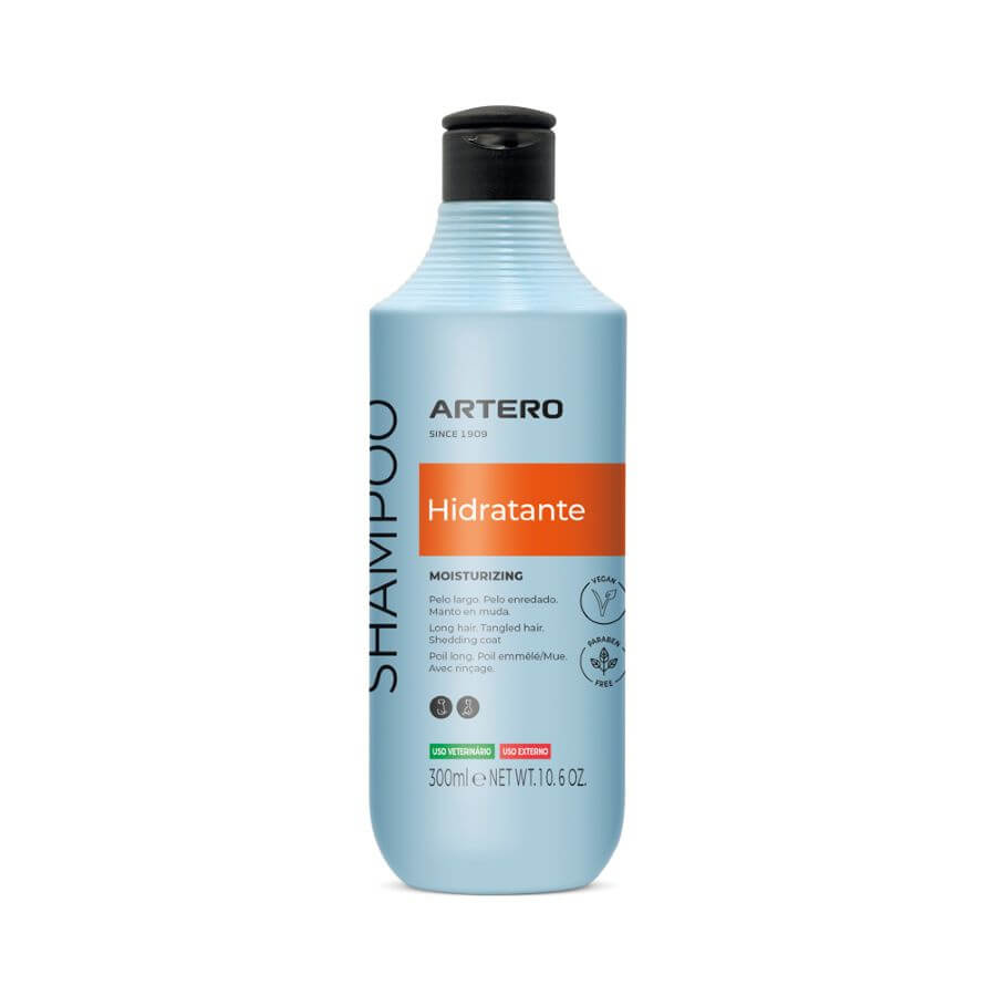 Artero Champú Hidratante para perros y gatos de pelo largo con biotina, hidratación profunda y brillo natural disponible en Gabo y Gordo E Shop.