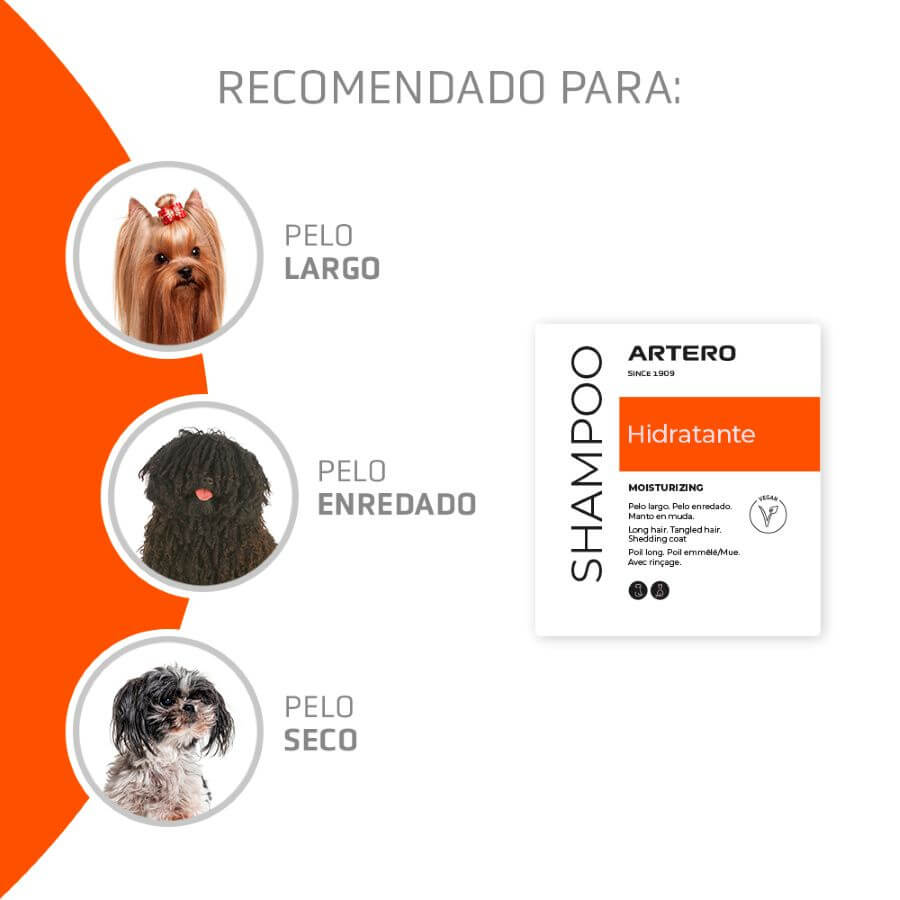Artero Champú Hidratante para perros y gatos de pelo largo con biotina, hidratación profunda y brillo natural disponible en Gabo y Gordo E Shop.