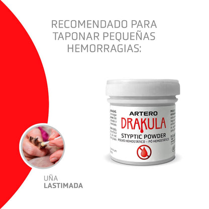 Artero Drakula Polvo Hemostático corta hemorragias tras corte de uñas en perros