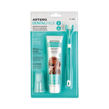 Artero Pack Higiene Dental para perros con cepillo dental, dedal de silicona y pasta dental para eliminar placa, sarro y mal aliento.