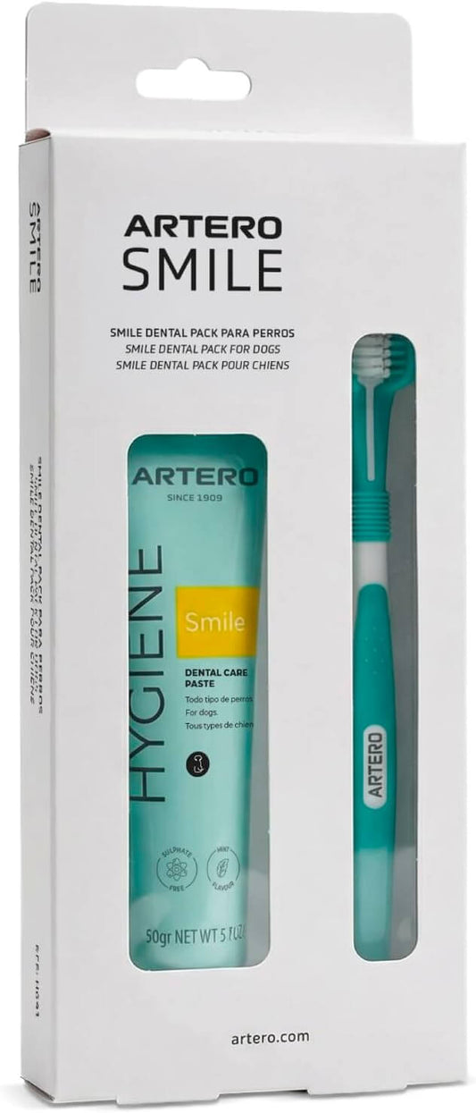 Artero Pack Higiene Dental para perros con cepillo dental, dedal de silicona y pasta dental para eliminar placa, sarro y mal aliento.
