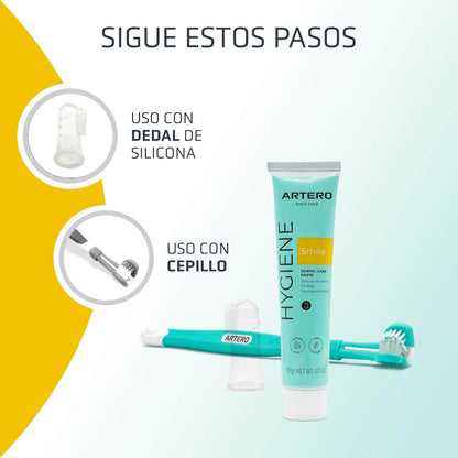 Artero Pack Higiene Dental para perros con cepillo dental, dedal de silicona y pasta dental para eliminar placa, sarro y mal aliento.