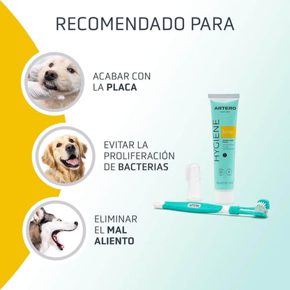 Artero Pack Higiene Dental para perros con cepillo dental, dedal de silicona y pasta dental para eliminar placa, sarro y mal aliento.