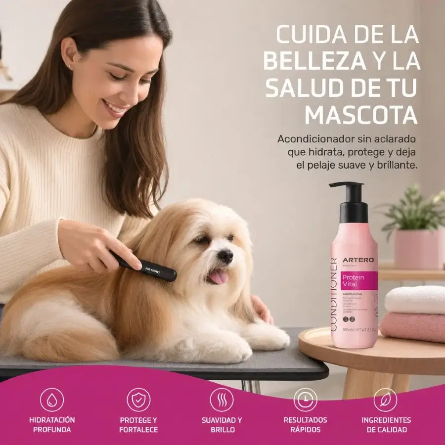 Artero Protein Vital acondicionador profesional para perros y gatos que hidrata, repara, desenreda y aporta brillo al pelaje, disponible en Gabo y Gordo E Shop.