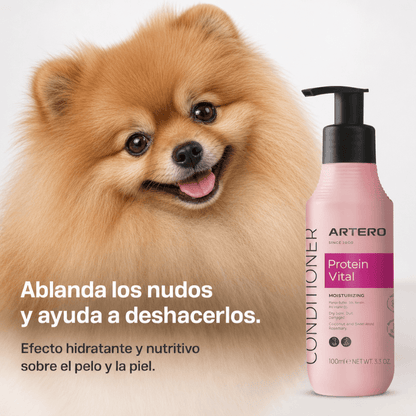 Artero Protein Vital acondicionador profesional para perros y gatos que hidrata, repara, desenreda y aporta brillo al pelaje, disponible en Gabo y Gordo E Shop.