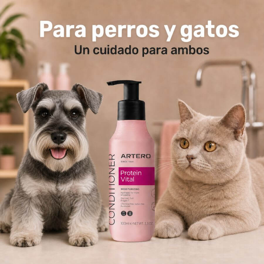 Artero Protein Vital acondicionador profesional para perros y gatos que hidrata, repara, desenreda y aporta brillo al pelaje, disponible en Gabo y Gordo E Shop.