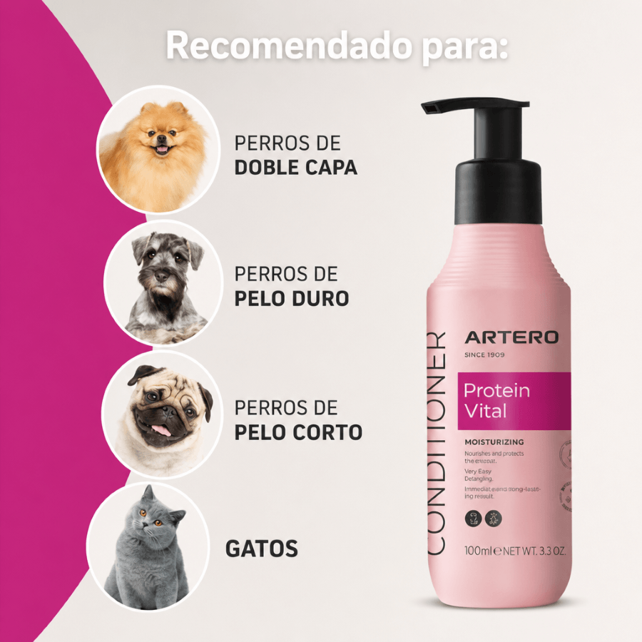 Artero Protein Vital acondicionador profesional para perros y gatos que hidrata, repara, desenreda y aporta brillo al pelaje, disponible en Gabo y Gordo E Shop.