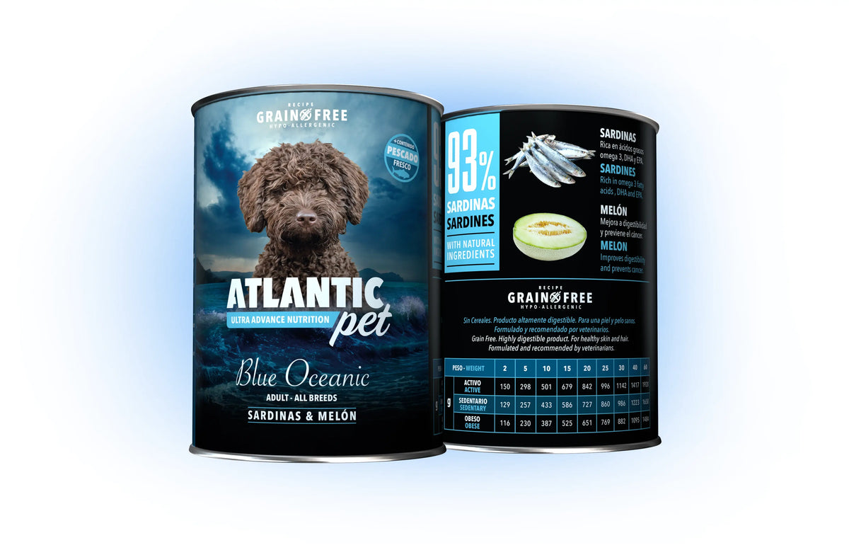 Atlantic Pet Blue Oceanic comida húmeda Grain Free con 93 % de sardina y 4 % de melón para perros, formatos 200 y 400 g
