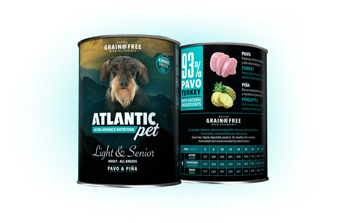 Atlantic Pet Light & Senior comida húmeda sin cereales para perros senior y control de peso, packs de 6 unidades de 200 g y 400 g