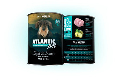 Atlantic Pet Light & Senior comida húmeda sin cereales para perros senior y control de peso, packs de 6 unidades de 200 g y 400 g
