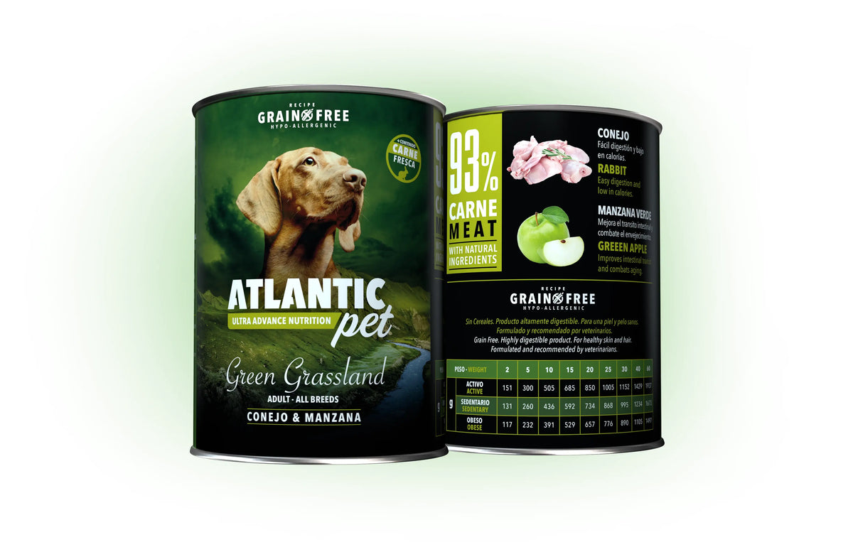 Atlantic Pet Mini Green Grassland comida húmeda sin cereales para perros con 63 % pollo y 30 % conejo, packs de 6 latas