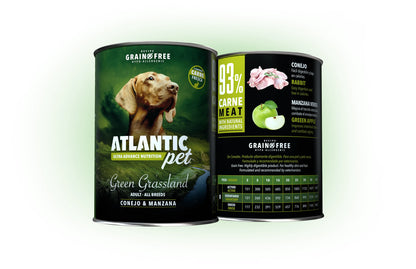 Atlantic Pet Mini Green Grassland comida húmeda sin cereales para perros con 63 % pollo y 30 % conejo, packs de 6 latas