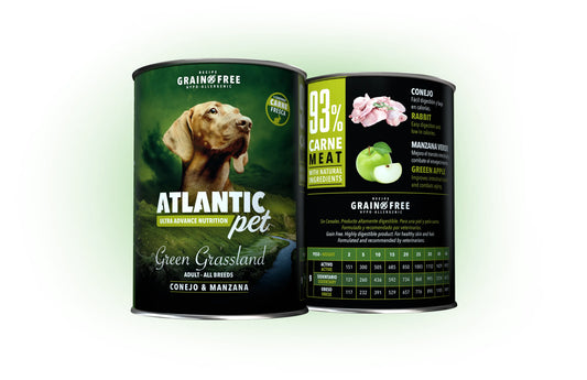 Atlantic Pet Mini Green Grassland comida húmeda sin cereales para perros con 63 % pollo y 30 % conejo, packs de 6 latas
