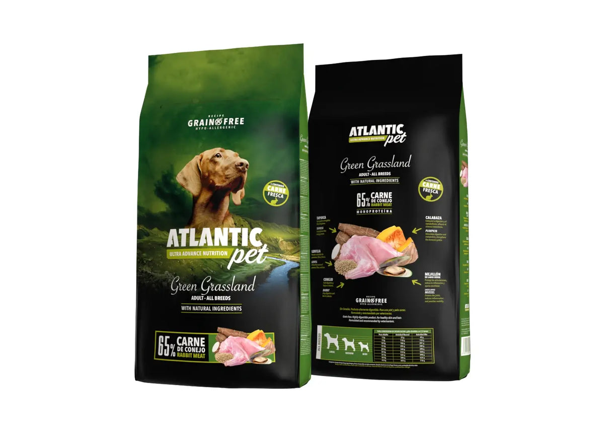 Atlantic Pet Ultra Green Grassland pienso Grain Free con 65 % de carne de conejo para perros en formatos 2 y 12 kg