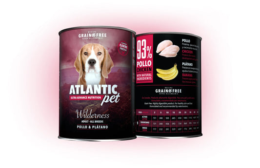 Atlantic Pet Wilderness comida húmeda sin cereales con 93 % de pollo y 4 % de plátano para perros, packs de 6 latas de 200 g y 400 g