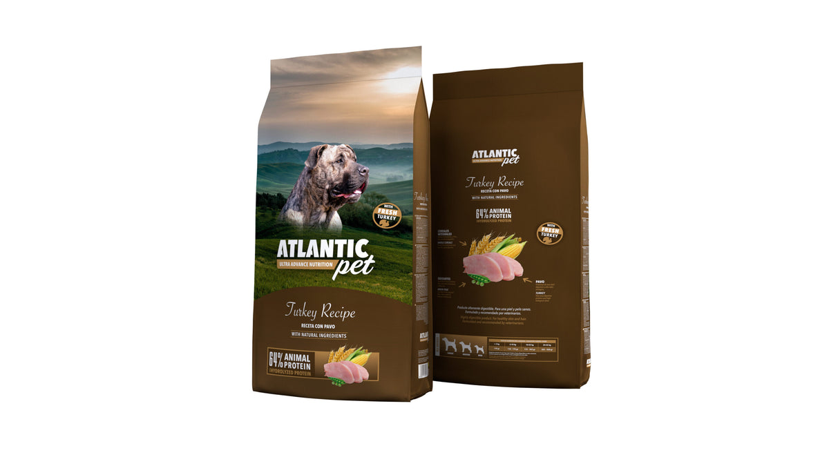 Atlanticpet Receta Pavo Fresco 14 kg para perros adultos, vista frontal y trasera del envase.