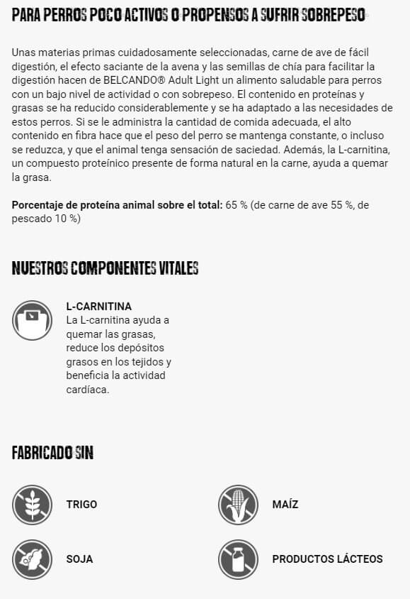 BELCANDO Adult Light pienso bajo en grasa con L-carnitina para perros adultos con sobrepeso o baja actividad