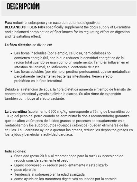 BELCANDO Fiber 60 Tabs suplemento para perros con sobrepeso o problemas digestivos