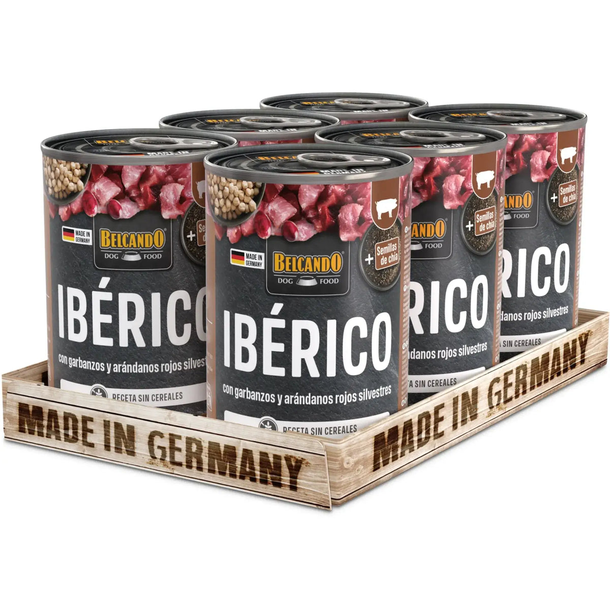 BELCANDO Ibérico con Garbanzos y Arándanos comida húmeda monoproteica sin cereales con 65 % de cerdo ibérico para perros adultos