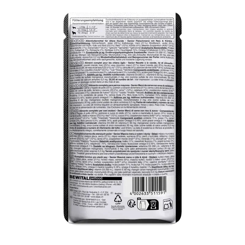 BELCANDO Finest Selection Senior Menú de Carne con arroz y calabaza 12 x 125 g para perros sénior