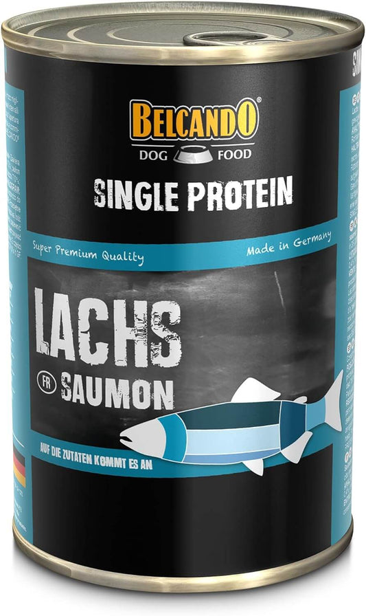 Lata de comida húmeda BELCANDO Single Protein Salmón 400 g para perros adultos con alergias o dietas de eliminación, monoproteica y natural.