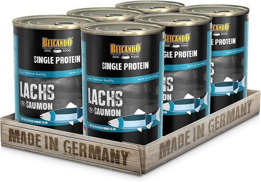 Lata de comida húmeda BELCANDO Single Protein Salmón 400 g para perros adultos con alergias o dietas de eliminación, monoproteica y natural.