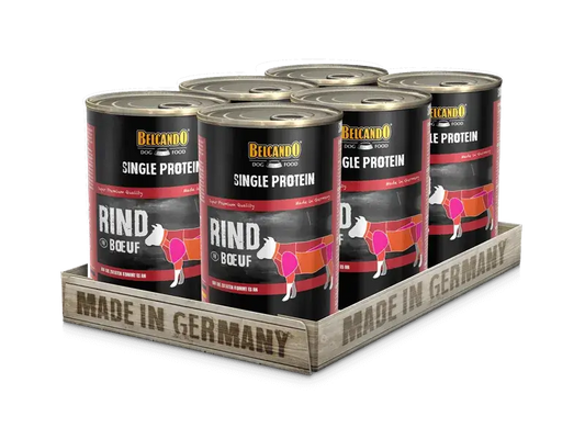 BELCANDO Single Protein Ternera – Alimento húmedo monoproteico premium para perros adultos, ideal para dietas de eliminación e intolerancias.