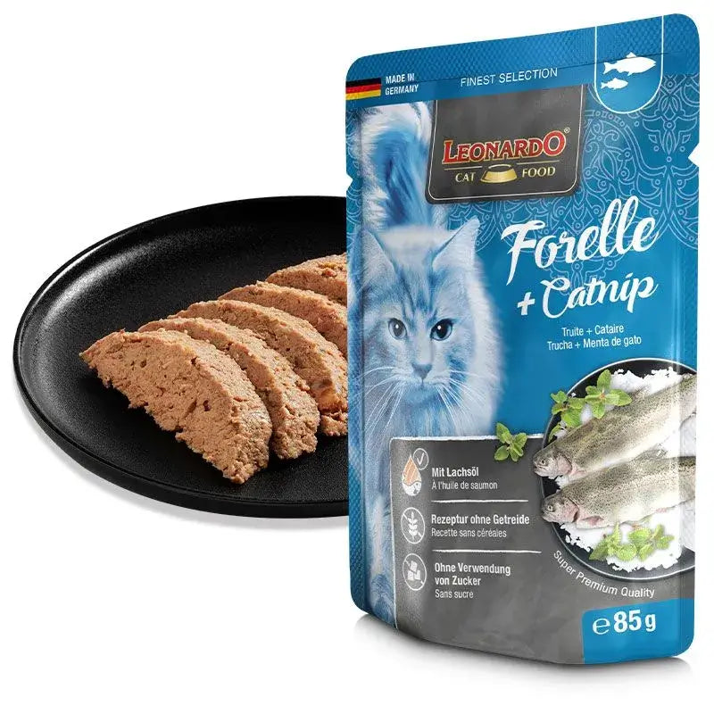 LEONARDO Finest Selection menu de trucha y menta gatuna.  carnes.  Gabo y Gordo E Shop, la mejor tienda online en las Islas Canarias, España, tienda online para mascotas, perros, gatos, conejos, tortugas, animales, accesorios para mascotas en general. 