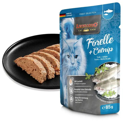LEONARDO Finest Selection menu de trucha y menta gatuna.  carnes.  Gabo y Gordo E Shop, la mejor tienda online en las Islas Canarias, España, tienda online para mascotas, perros, gatos, conejos, tortugas, animales, accesorios para mascotas en general. 
