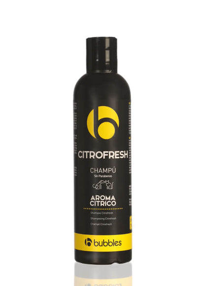 Envase de champú BUBBLES Citrofresh con citronela y aroma cítrico.