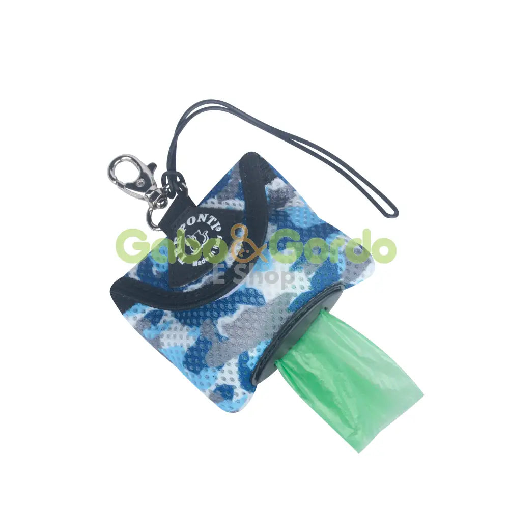 Dispensador de bolsas para perros TRE PONTI azul light camuflaje en malla suave.