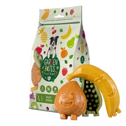 Duvo Garden Bites Fruity Friends, snack vegetariano para perros con batata, plátano, melocotón y pera, sin gluten y beneficios para la higiene dental.