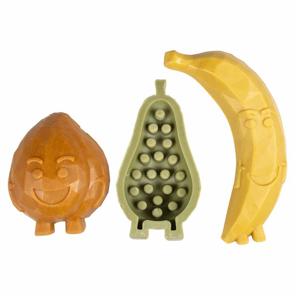 Duvo Garden Bites Fruity Friends, snack vegetariano para perros con batata, plátano, melocotón y pera, sin gluten y beneficios para la higiene dental.