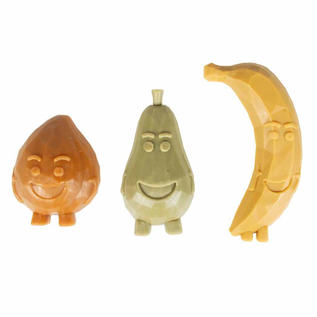 Duvo Garden Bites Fruity Friends, snack vegetariano para perros con batata, plátano, melocotón y pera, sin gluten y beneficios para la higiene dental.