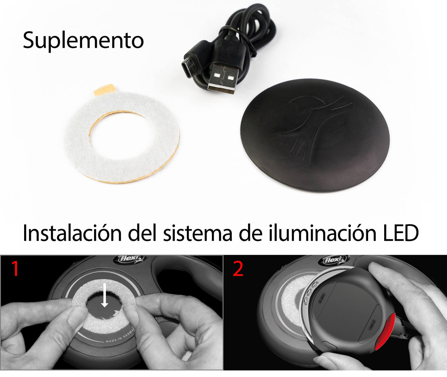 Lámpara LED FLEXI con luz frontal y trasera para correas de perro, recargable y segura para paseos nocturnos