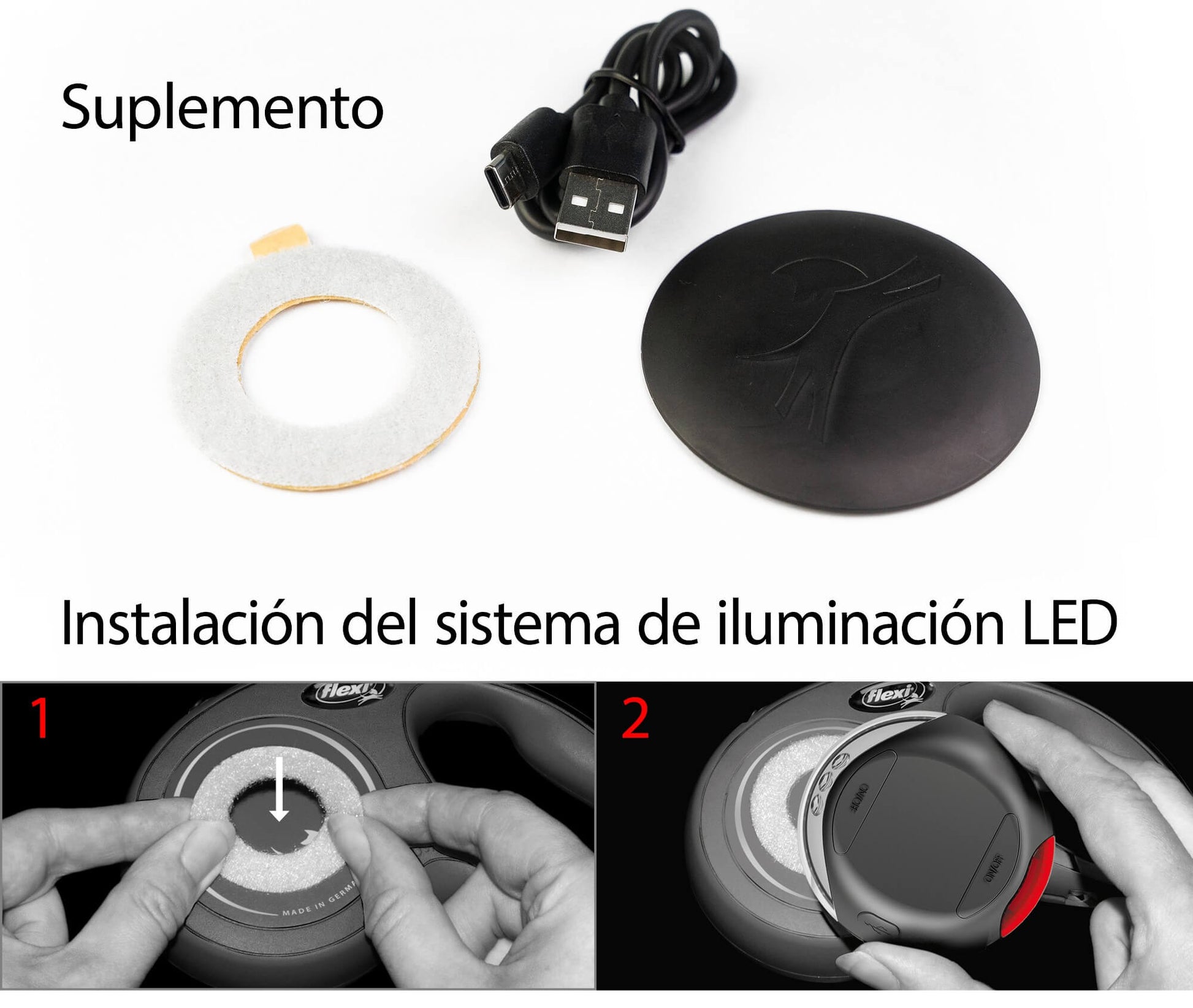 Lámpara LED FLEXI con luz frontal y trasera para correas de perro, recargable y segura para paseos nocturnos
