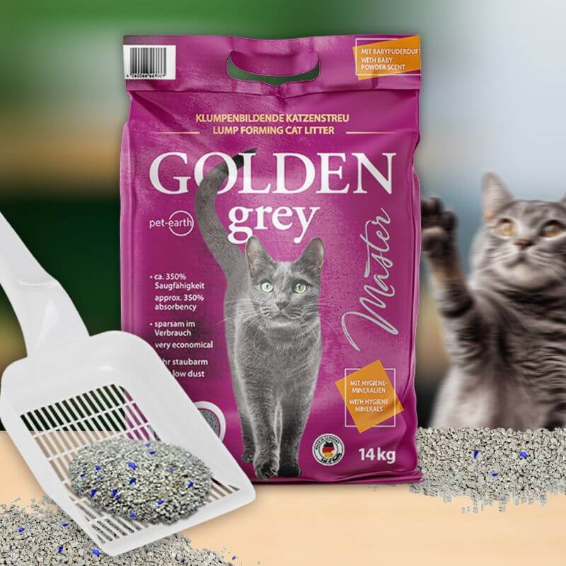 Arena aglomerante para gatos Golden Grey Master con aroma a talco – saco de 14 kg, disponible en Gabo y Gordo E Shop