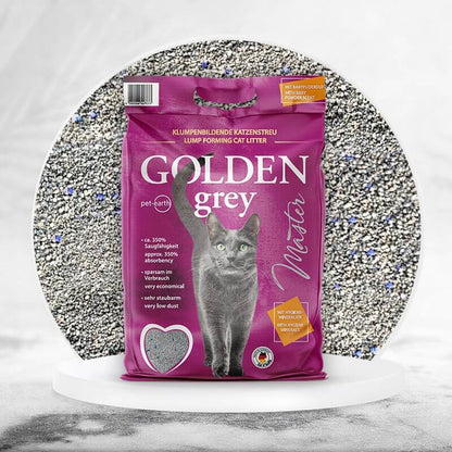 Arena aglomerante para gatos Golden Grey Master con aroma a talco – saco de 14 kg, disponible en Gabo y Gordo E Shop
