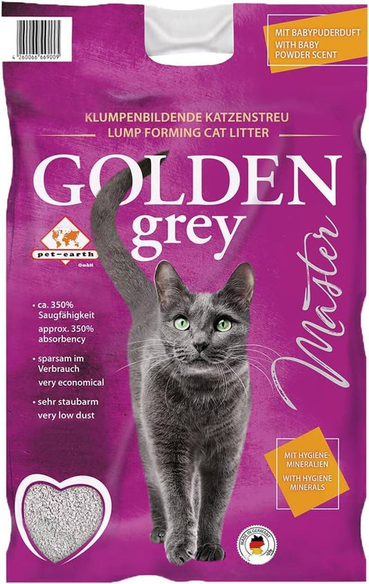 Arena aglomerante para gatos Golden Grey Master con aroma a talco – saco de 14 kg, disponible en Gabo y Gordo E Shop