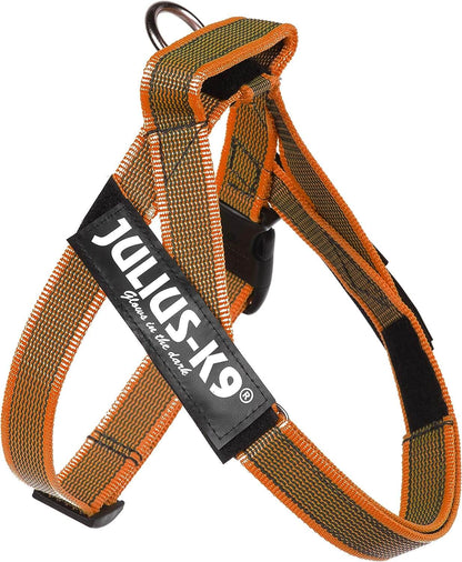 Arnés de cinta JULIUS K9 IDC en colores gris y naranja para perros.