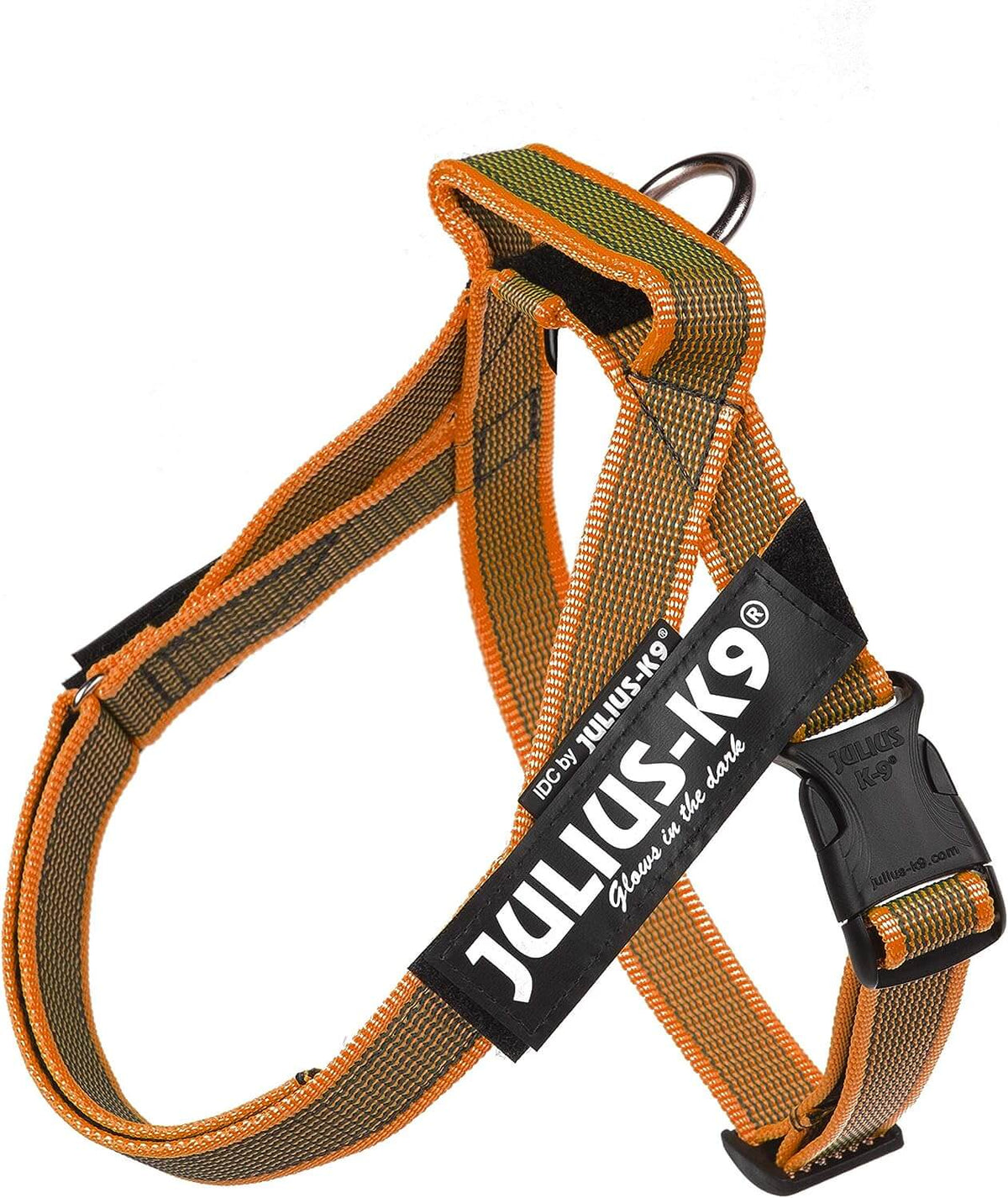 Arnés de cinta JULIUS K9 IDC en colores gris y naranja para perros.