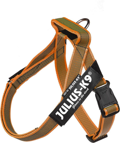 Arnés de cinta JULIUS K9 IDC en colores gris y naranja para perros.