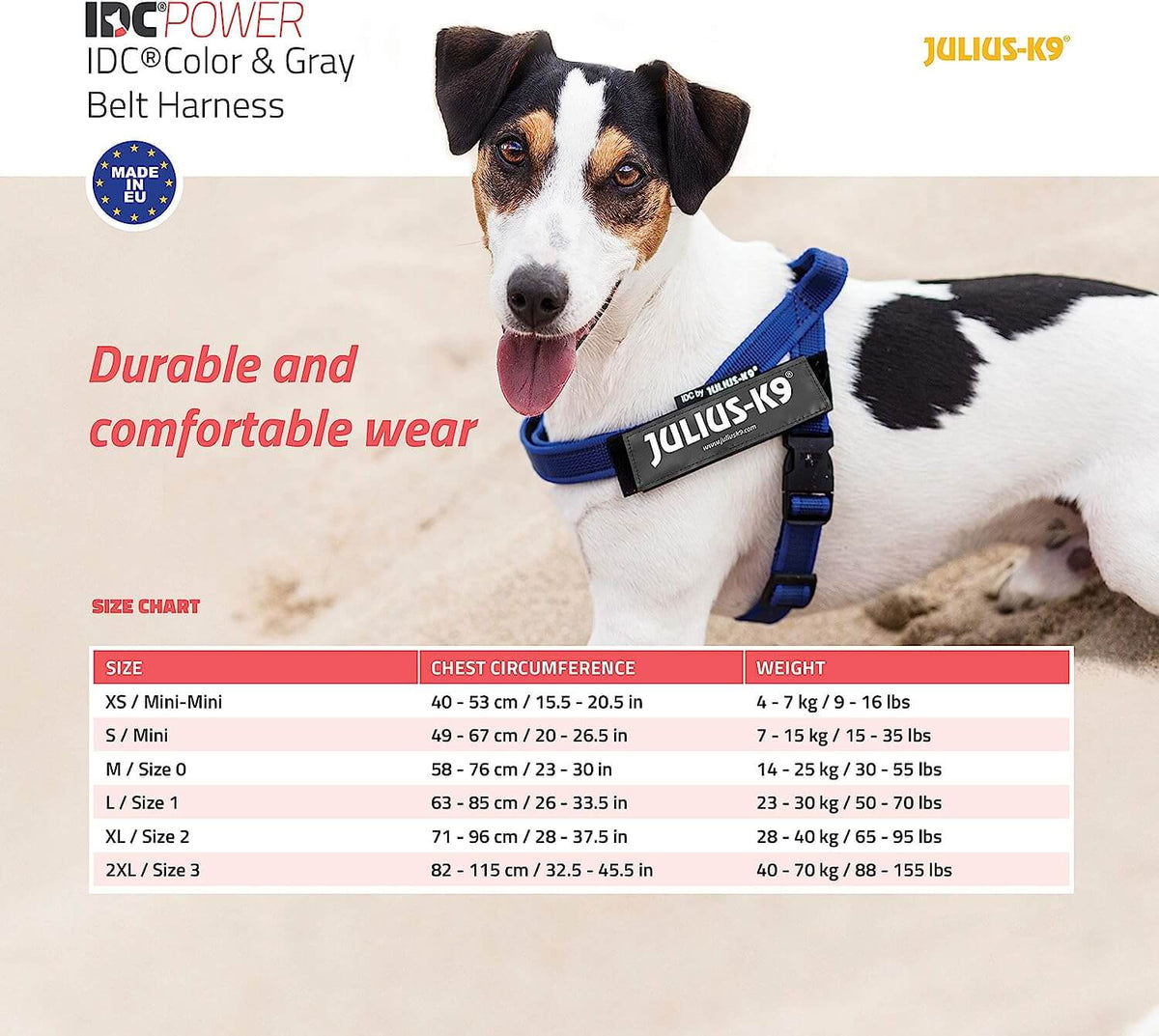 Arnés de cinta JULIUS K9 IDC en colores gris y naranja para perros.