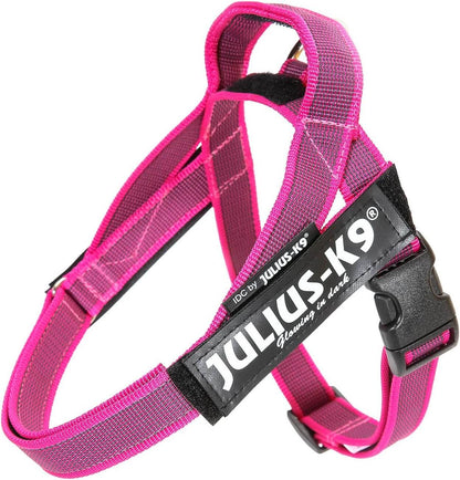 Arnés de cinta JULIUS K9 IDC en colores gris y rosa para perros.