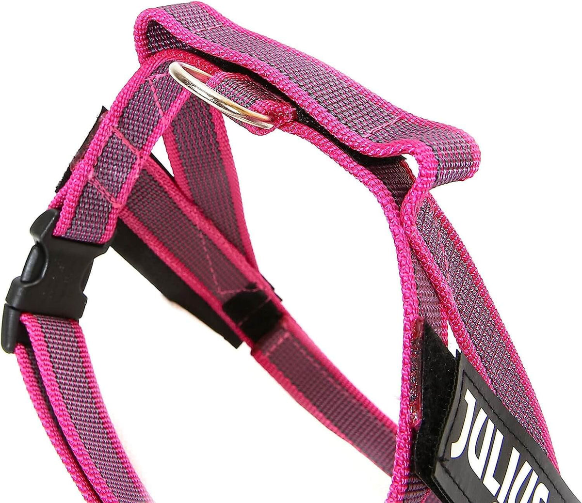 Arnés de cinta JULIUS K9 IDC en colores gris y rosa para perros.