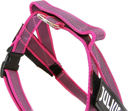 Arnés de cinta JULIUS K9 IDC en colores gris y rosa para perros.