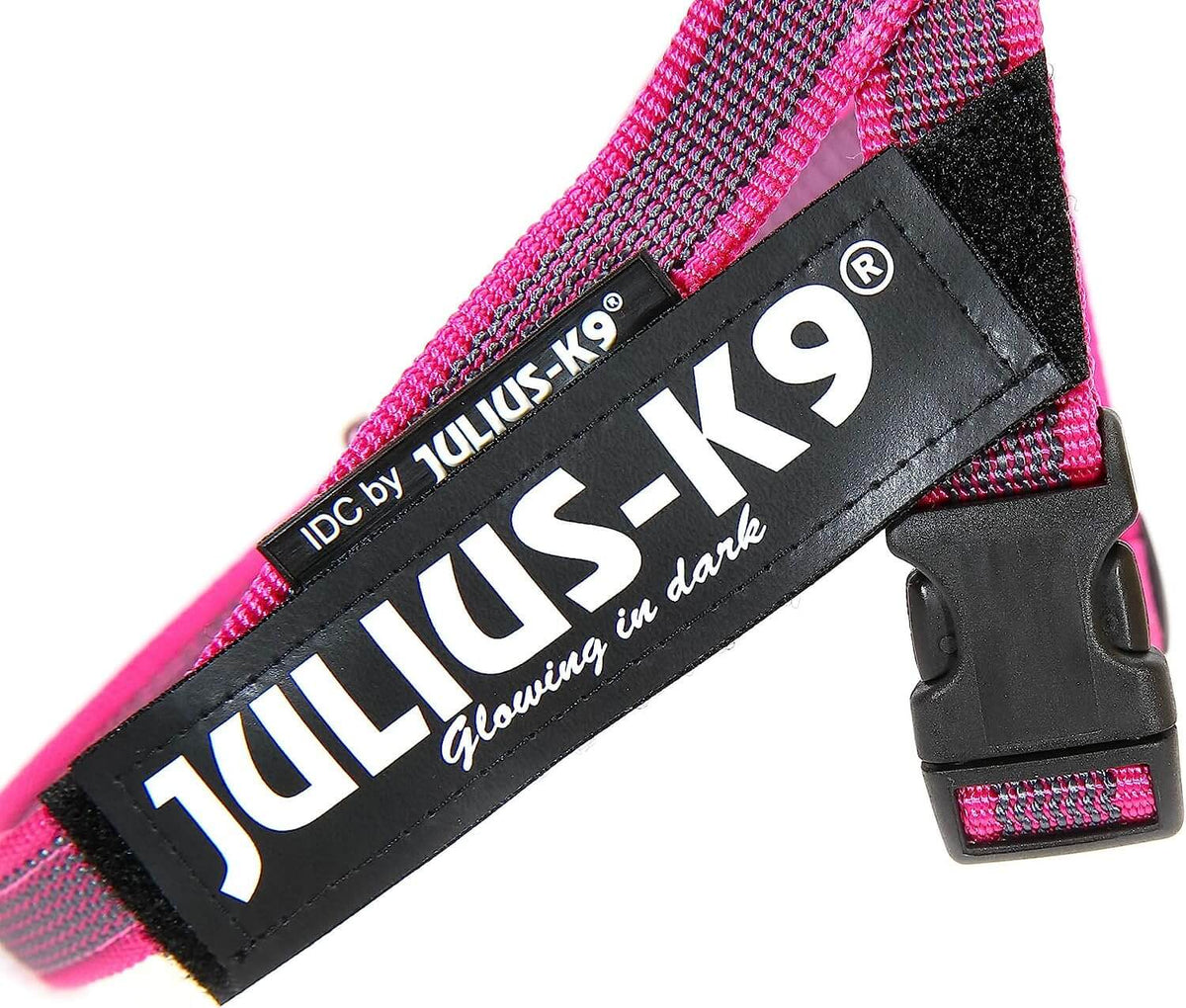 Arnés de cinta JULIUS K9 IDC en colores gris y rosa para perros.